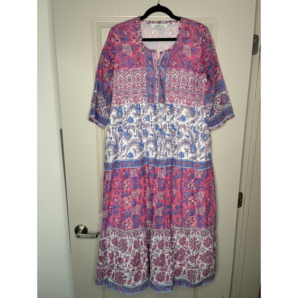 Bella Tu Pink & Blue Floral Printed Tiered Midi Dress Short Sleeves Size Medium